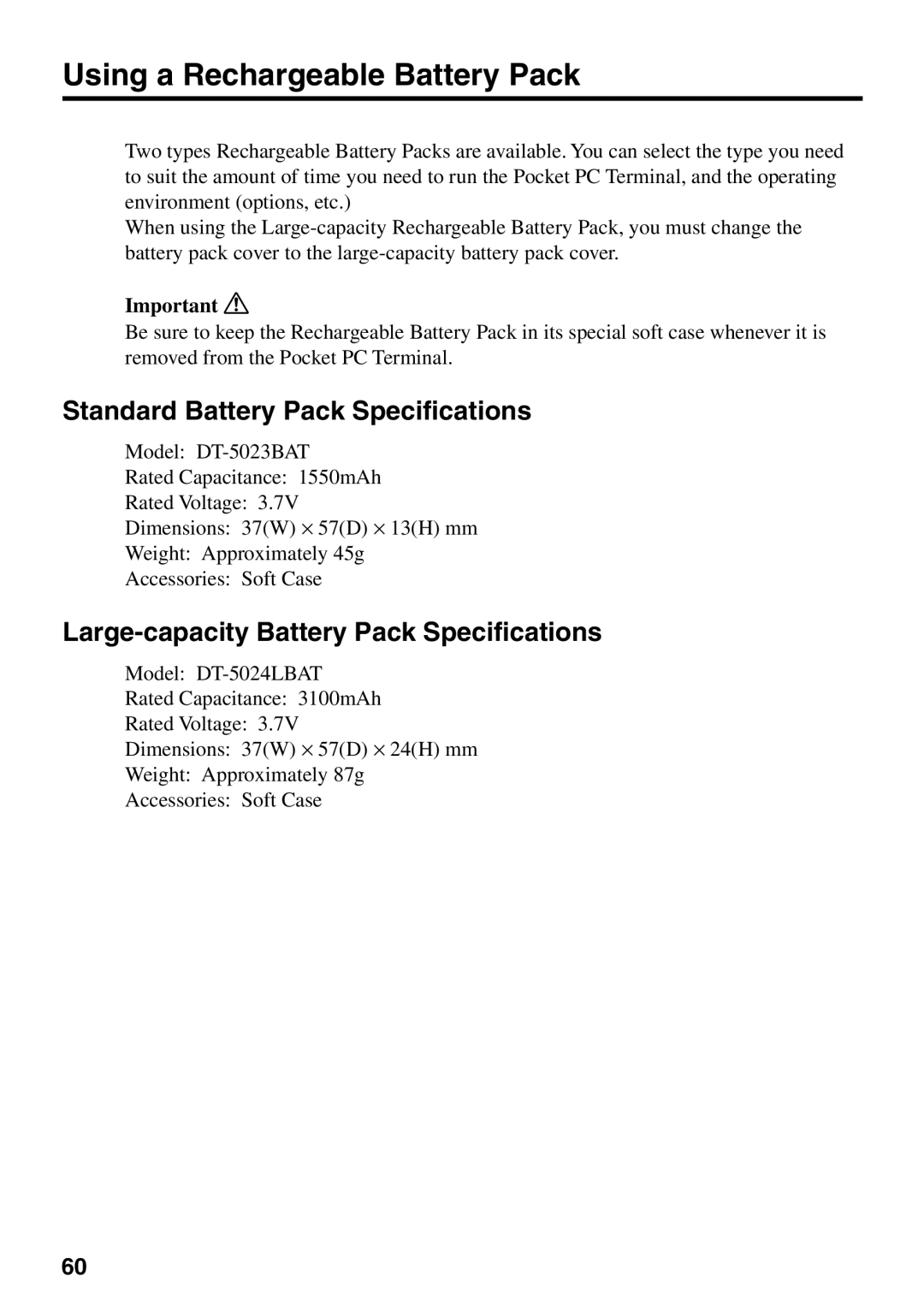 Casio IT-700/70 manual Using a Rechargeable Battery Pack, Standard Battery Pack Specifications 