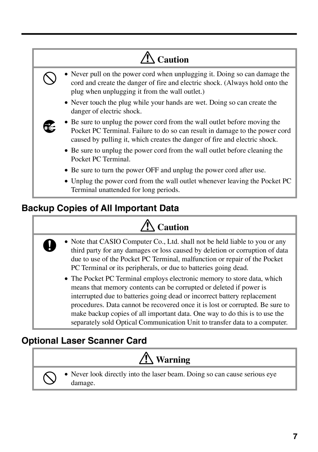 Casio IT-700/70 manual Backup Copies of All Important Data, Optional Laser Scanner Card 