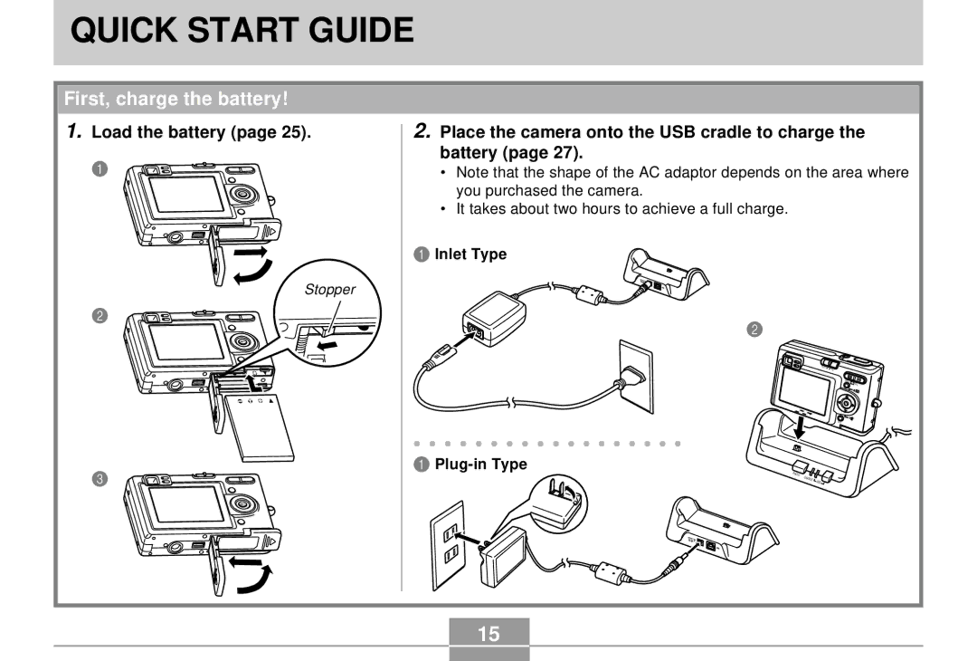 Casio K855PCM1DMX First, charge the battery, Load the battery, Place the camera onto the USB cradle to charge the battery 