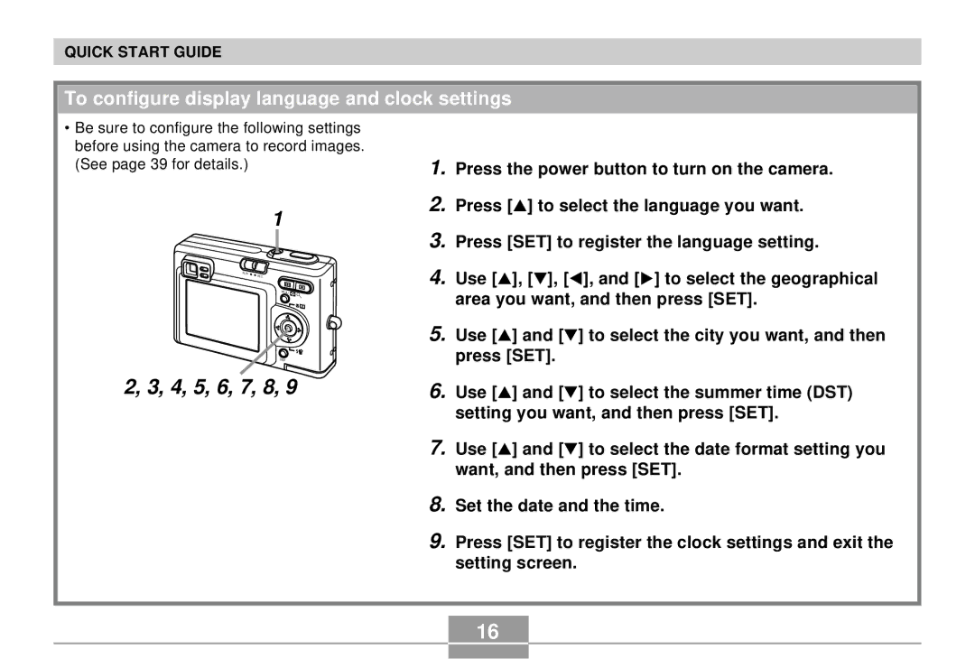 Casio K855PCM1DMX manual 4, 5, 6, 7, 8, To configure display language and clock settings 