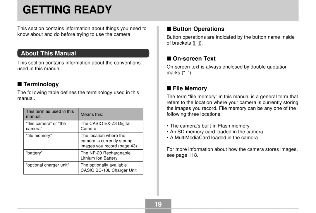 Casio K855PCM1DMX manual About This Manual, Terminology, Button Operations, On-screen Text, File Memory 