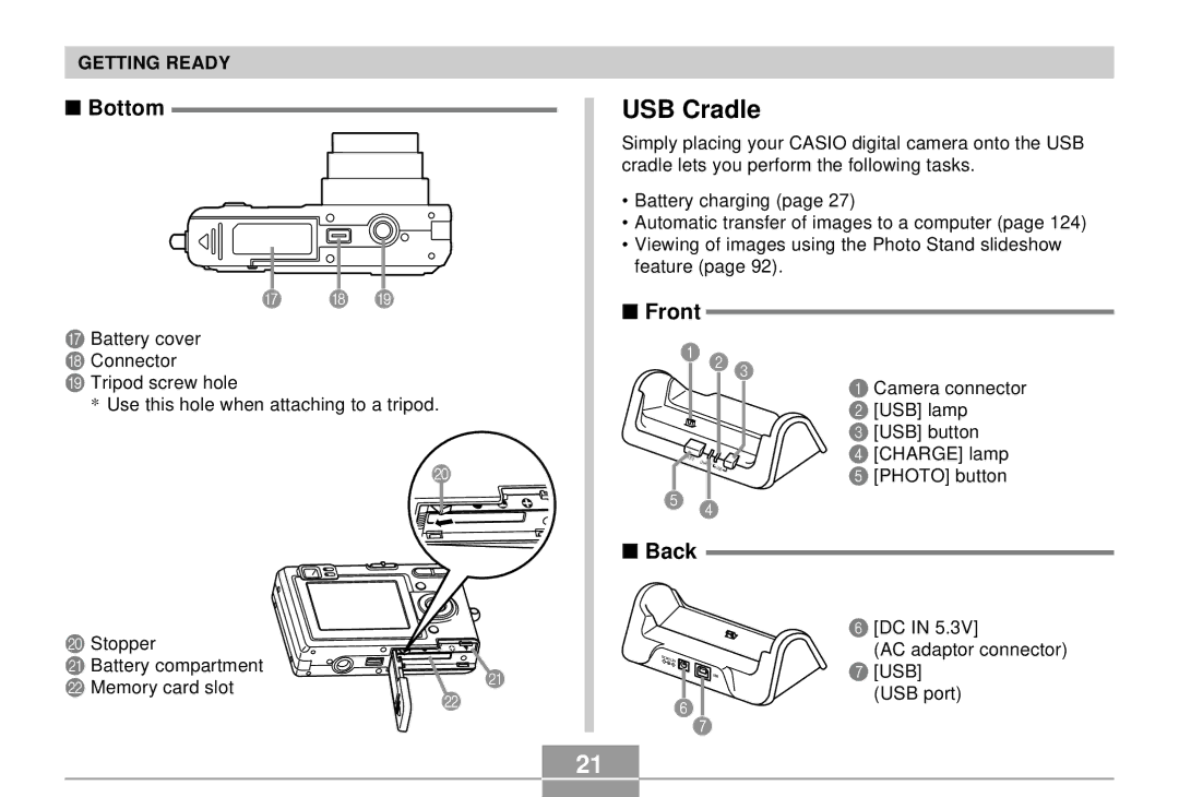 Casio K855PCM1DMX manual USB Cradle, Bottom 