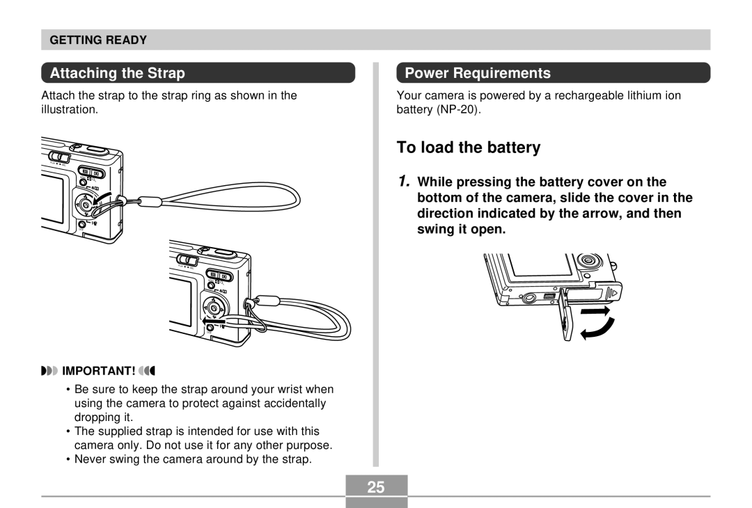 Casio K855PCM1DMX manual To load the battery, Attaching the Strap, Power Requirements 