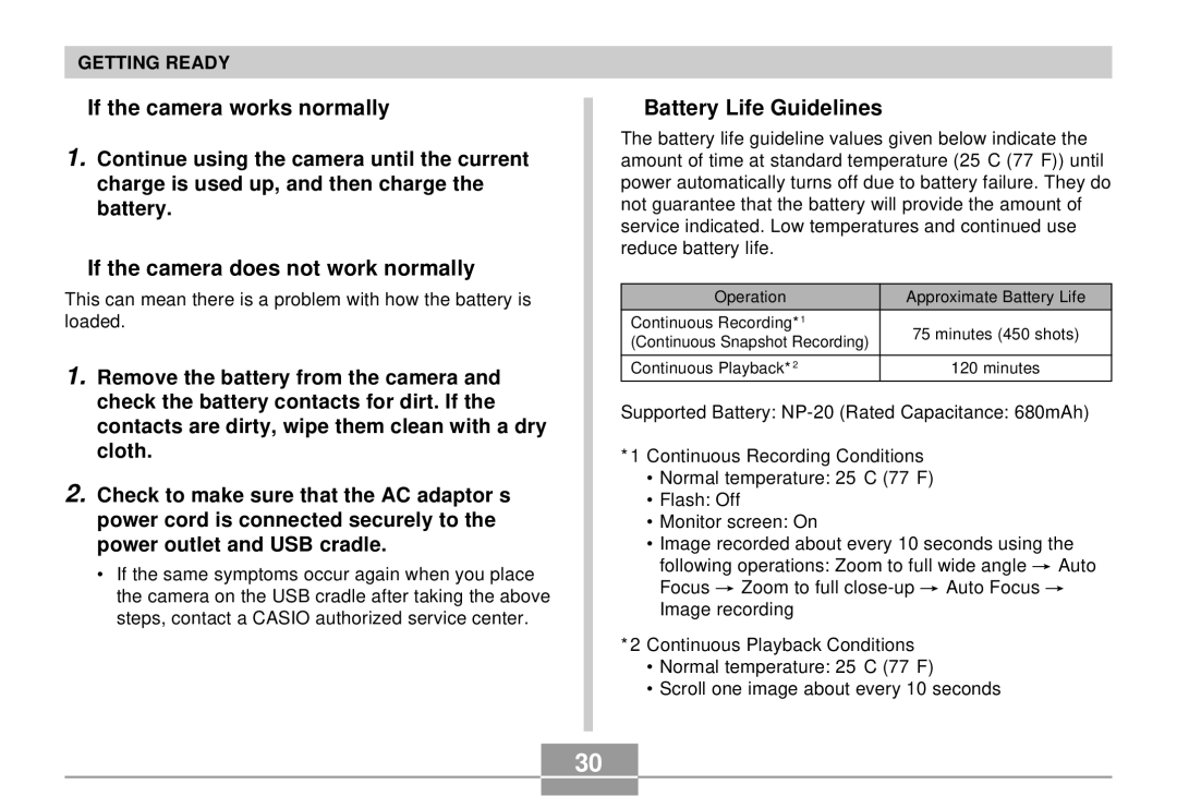 Casio K855PCM1DMX manual If the camera works normally, If the camera does not work normally, Battery Life Guidelines 