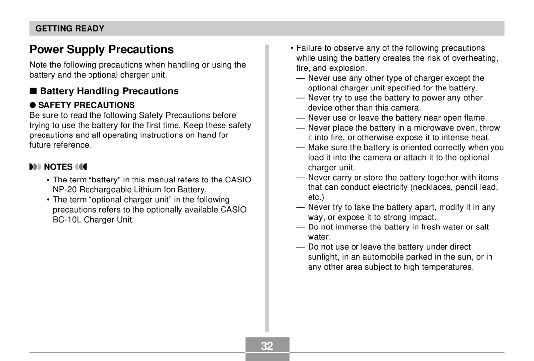 Casio K855PCM1DMX manual Power Supply Precautions, Battery Handling Precautions 