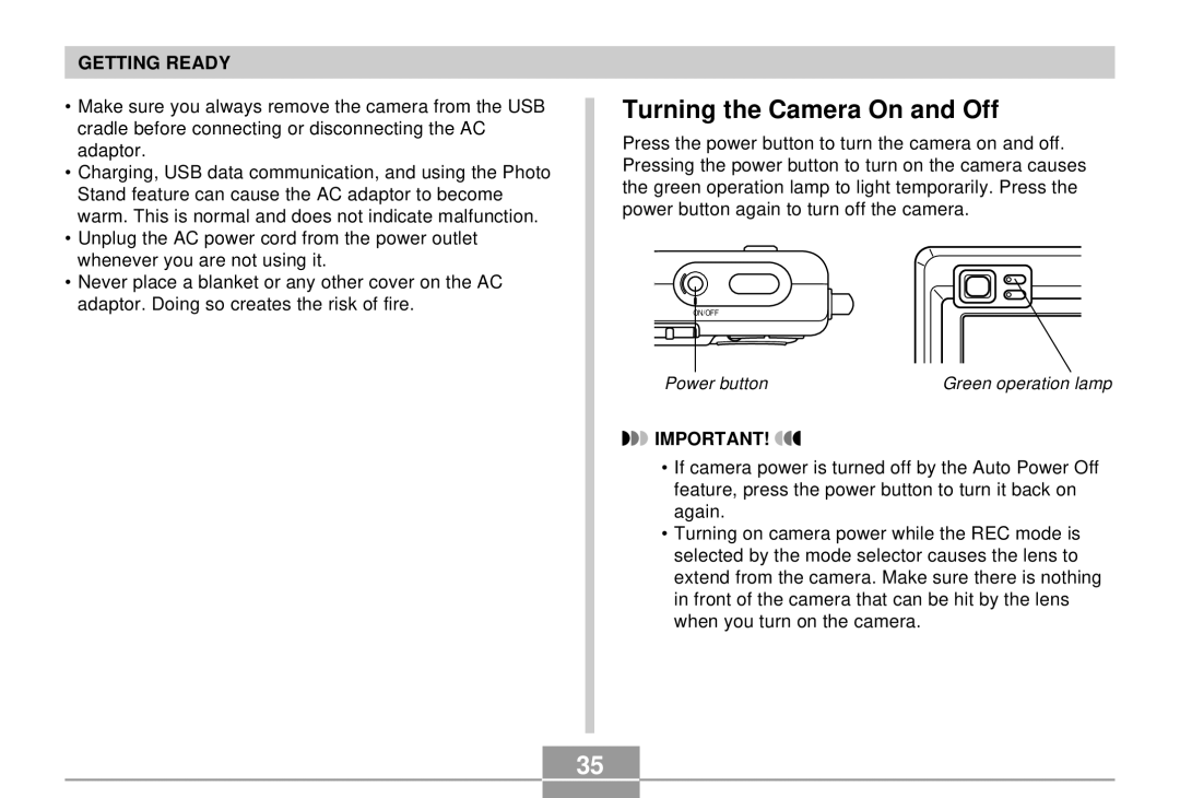 Casio K855PCM1DMX manual Turning the Camera On and Off 