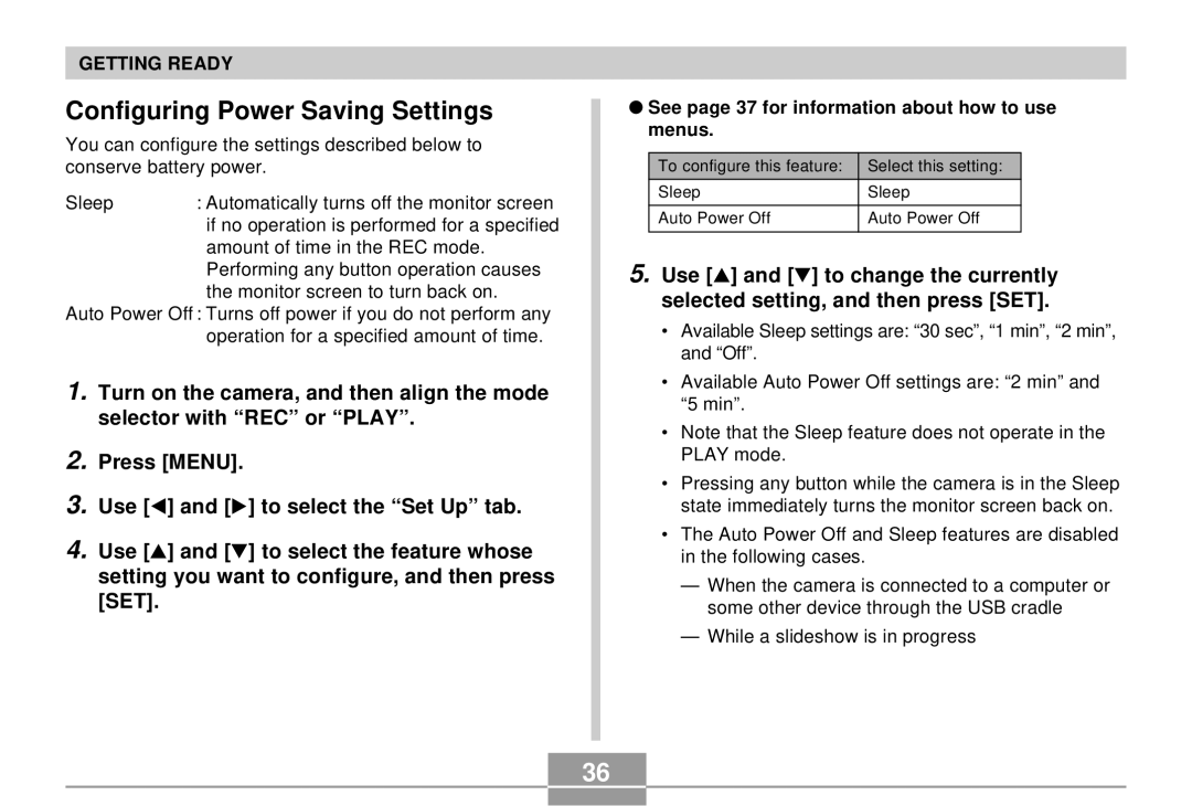 Casio K855PCM1DMX manual Configuring Power Saving Settings, Amount of time in the REC mode, Monitor screen to turn back on 