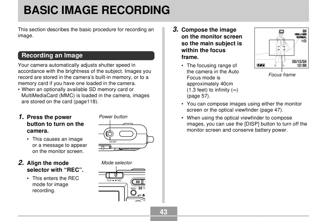 Casio K855PCM1DMX manual Recording an Image, Press the power button to turn on the camera, Align the mode selector with REC 