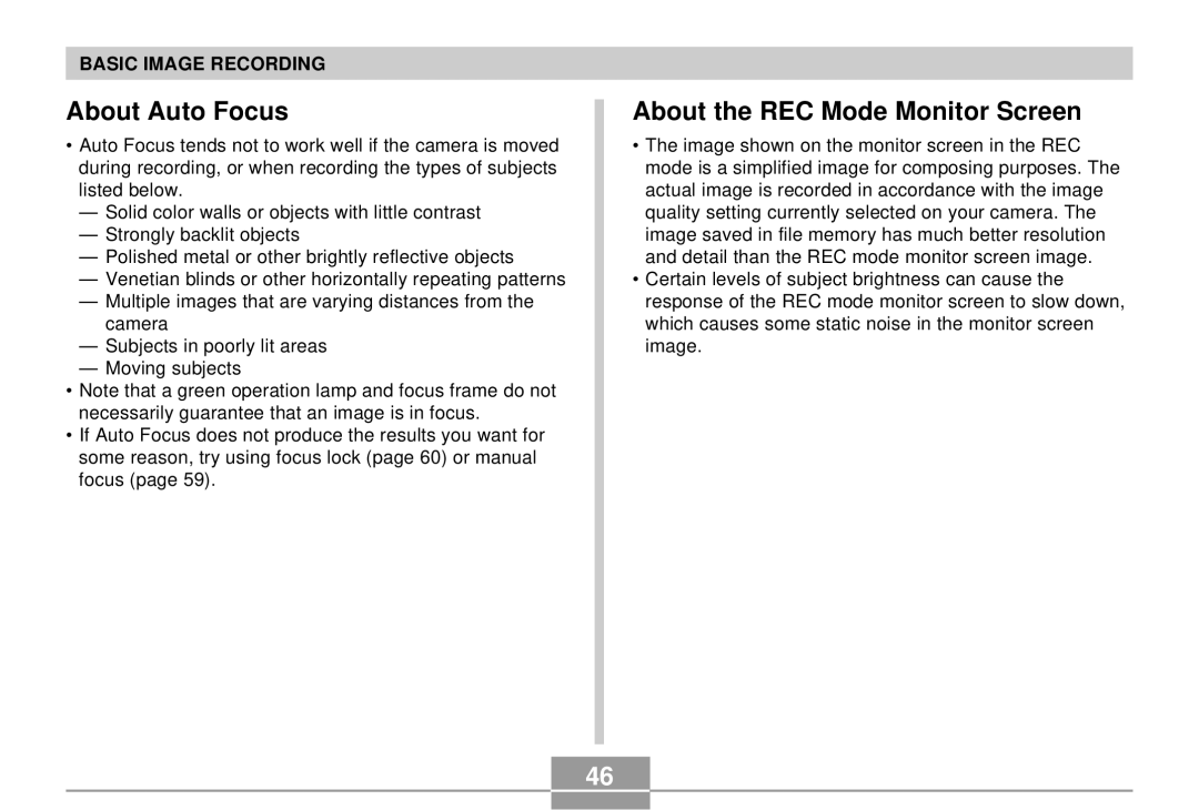 Casio K855PCM1DMX manual About Auto Focus, About the REC Mode Monitor Screen 