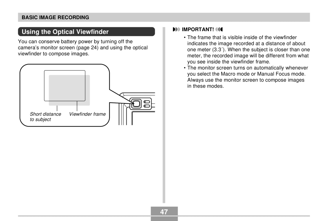 Casio K855PCM1DMX manual Using the Optical Viewfinder 