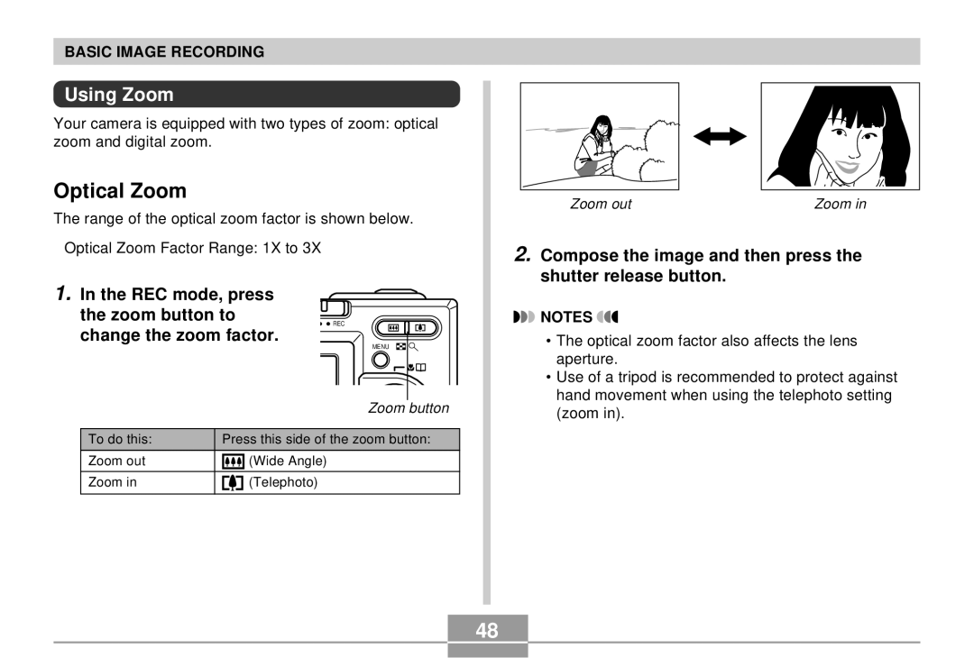 Casio K855PCM1DMX manual Optical Zoom, Using Zoom, REC mode, press the zoom button to, Change the zoom factor 