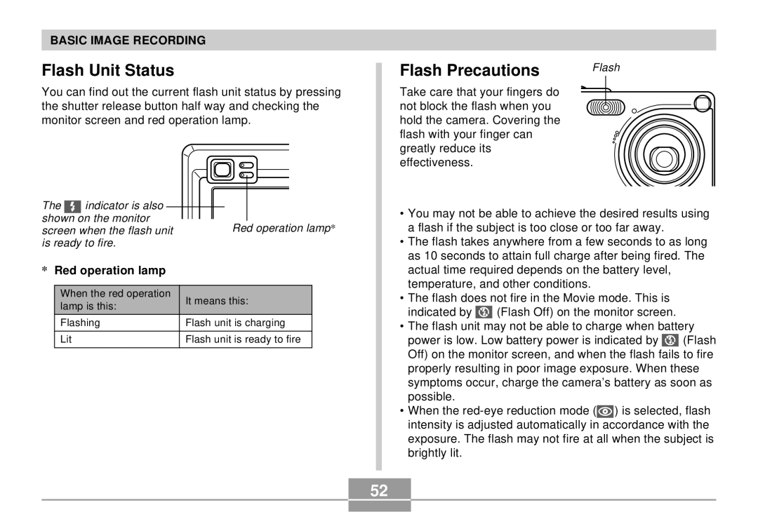 Casio K855PCM1DMX manual Flash Unit Status, Red operation lamp 