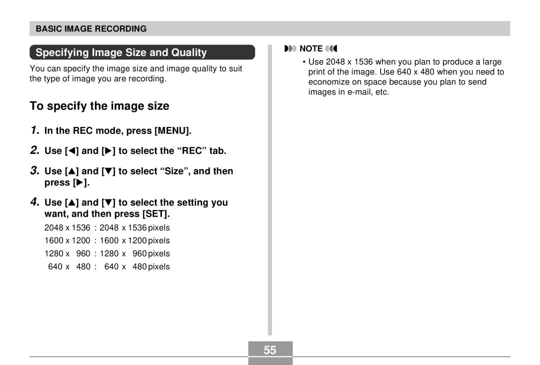 Casio K855PCM1DMX manual To specify the image size, Specifying Image Size and Quality 