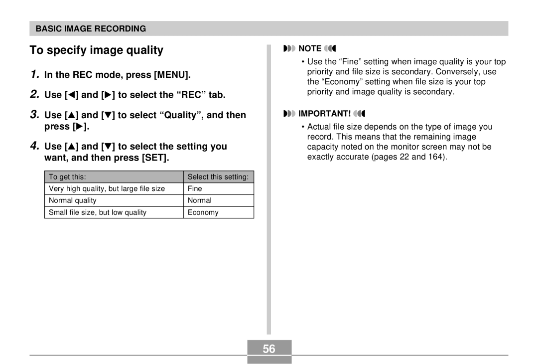 Casio K855PCM1DMX manual To specify image quality 