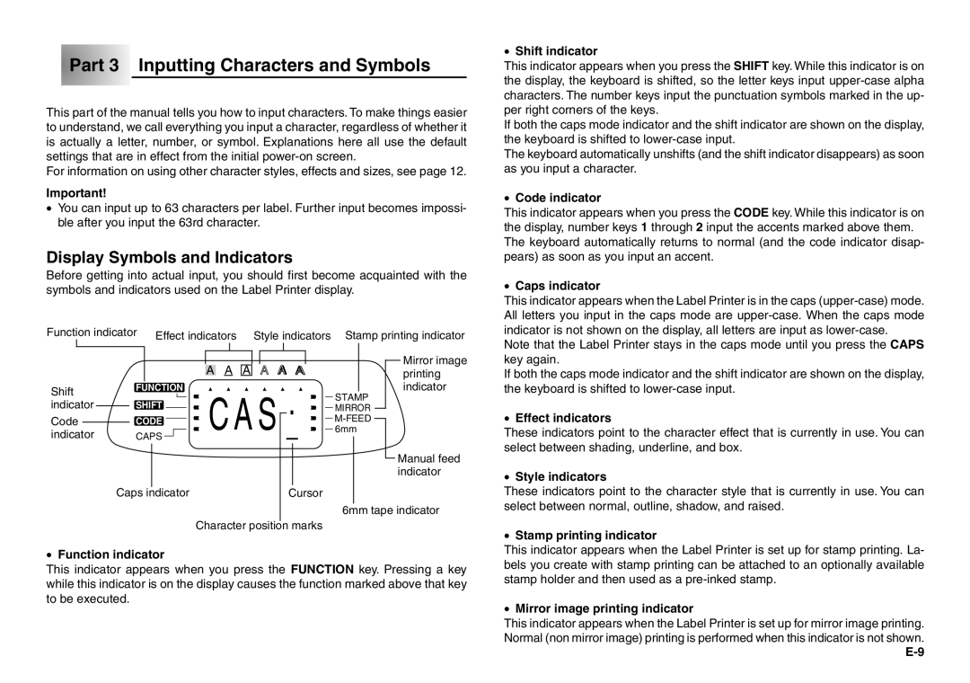 Casio KL-100 manual Part 3 Inputting Characters and Symbols, Display Symbols and Indicators 