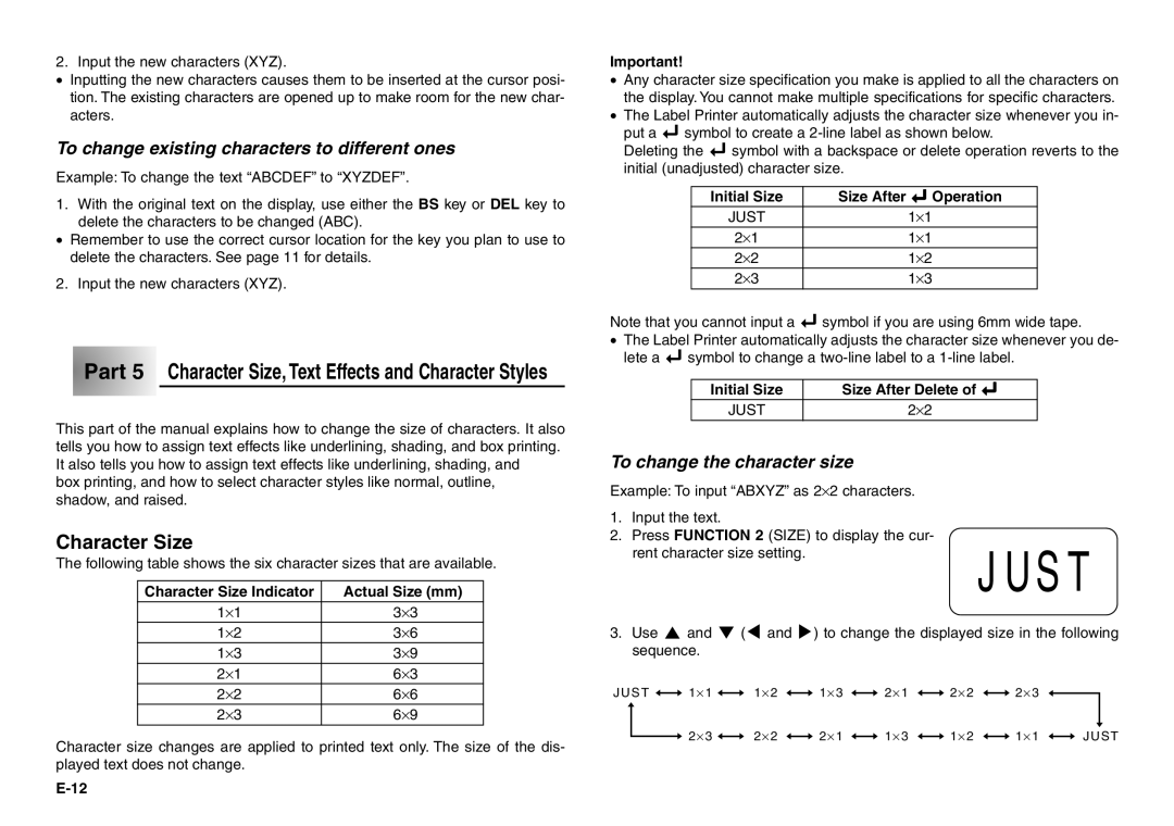 Casio KL-100 Part 5 Character Size, Text Effects and Character Styles, To change existing characters to different ones 