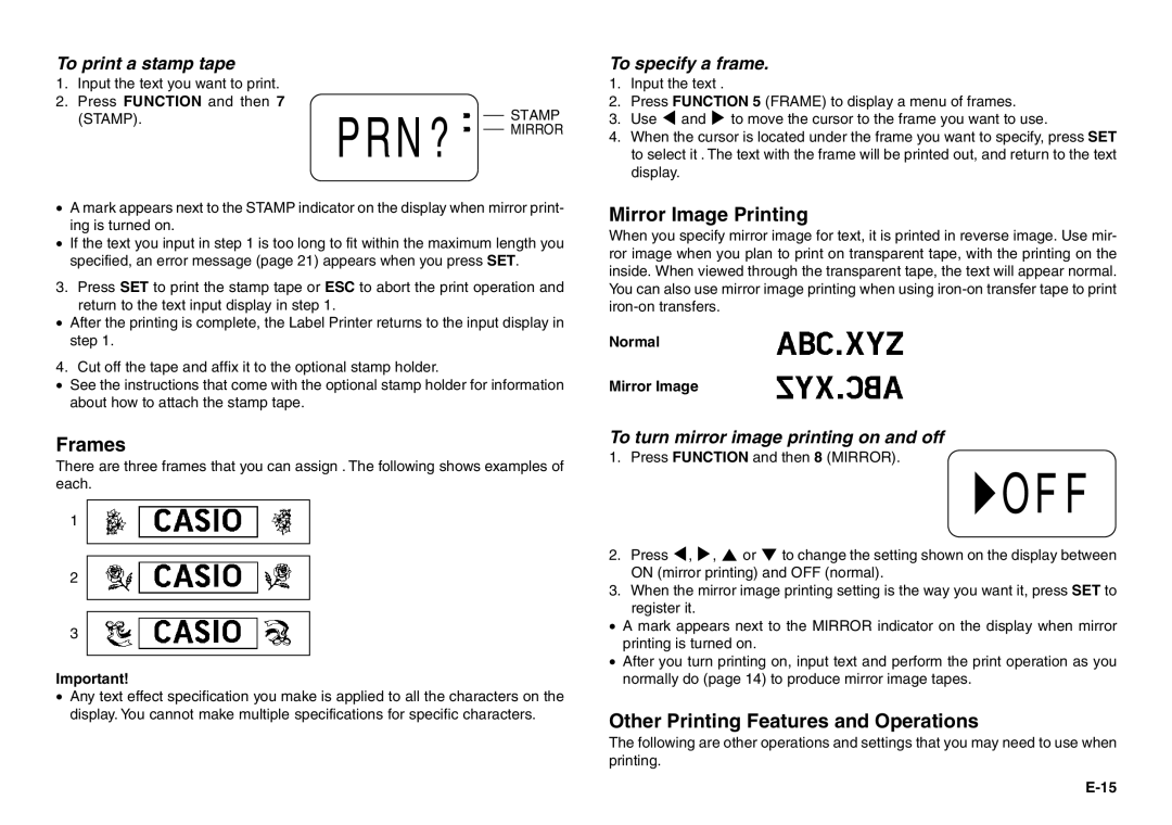 Casio KL-100 manual Joff, Frames, Mirror Image Printing, Other Printing Features and Operations 