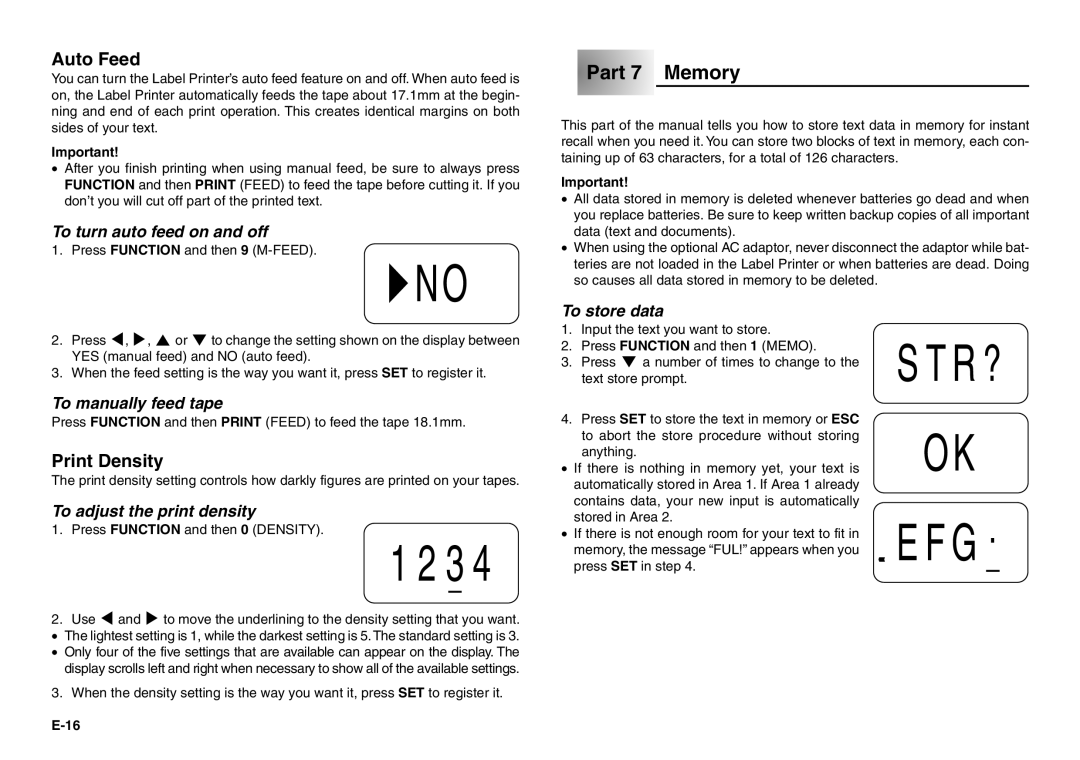 Casio KL-100 manual Jno, Part 7 Memory, Auto Feed, Print Density 