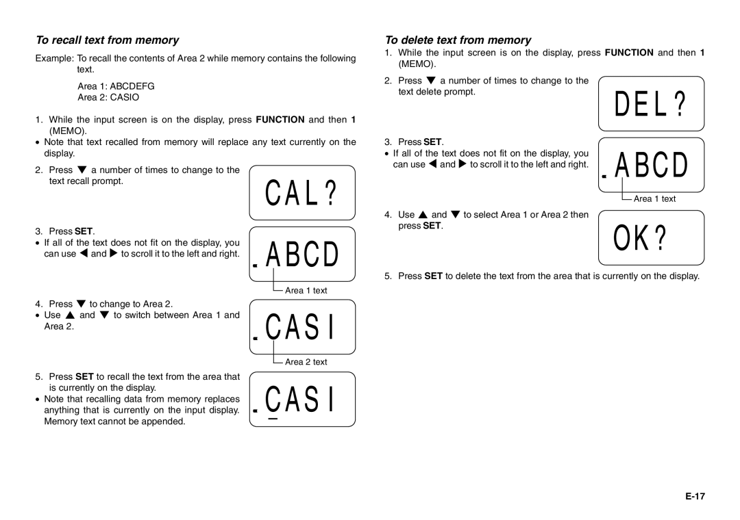 Casio KL-100 manual DEL? Abcd, CAL? Abcd, Ok?, Casi 