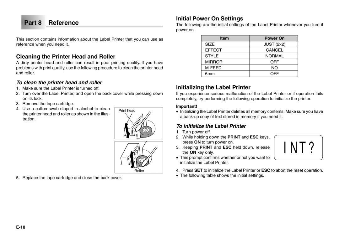 Casio KL-100 manual Part 8 Reference, Cleaning the Printer Head and Roller, Initial Power On Settings 