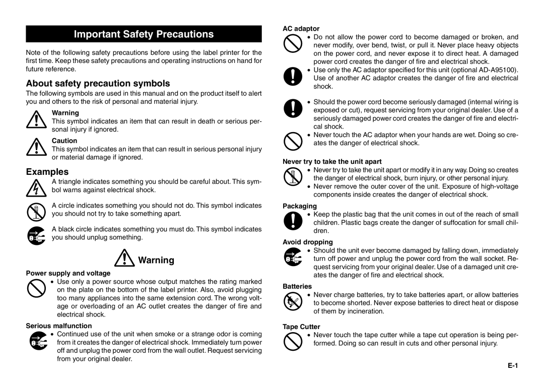 Casio KL-100 manual About safety precaution symbols, Examples 