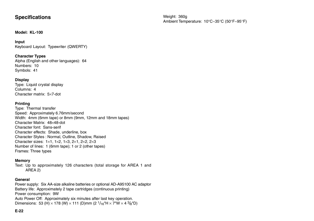 Casio KL-100 manual Specifications 