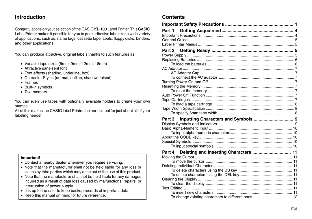 Casio KL-100 manual Introduction, Contents 