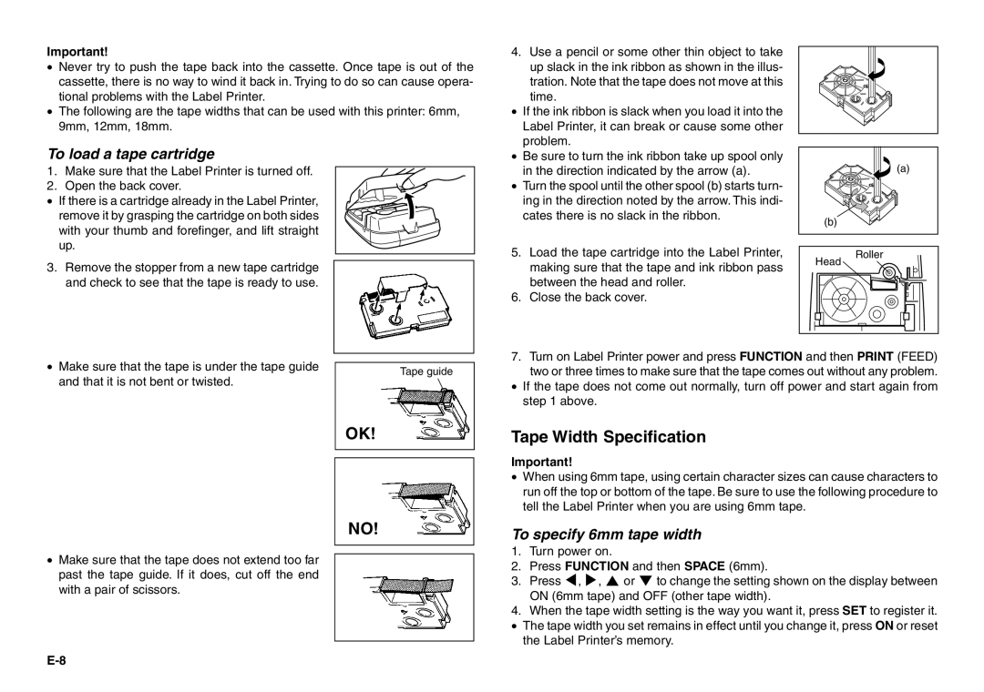 Casio KL-100 manual Tape Width Specification, To load a tape cartridge, To specify 6mm tape width 