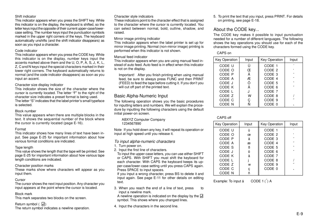 Casio KL-8100 manual Basic Alpha-Numeric Input, About the Code key, To input alpha-numeric characters 