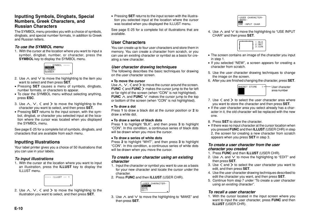 Casio KL-8100 manual Inputting Illustrations, User Characters 