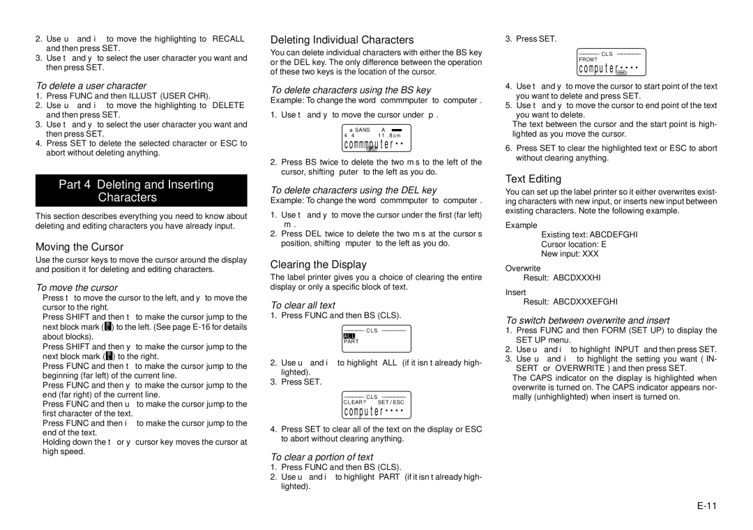 Casio KL-8100 Part 4 Deleting and Inserting Characters, Moving the Cursor, Deleting Individual Characters, Text Editing 