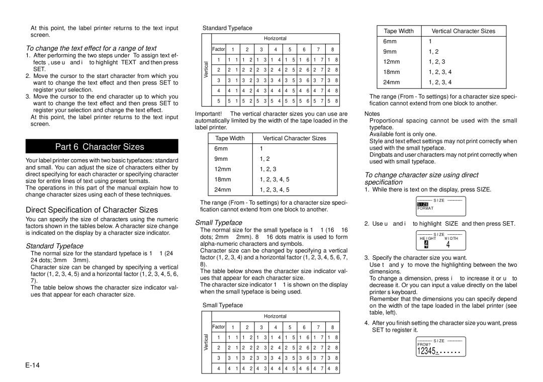 Casio KL-8100 manual Part 6 Character Sizes, Direct Specification of Character Sizes 