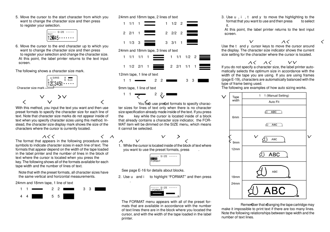 Casio KL-8100 manual About the format menu, To find out preset format character sizes, About Auto Sizing 