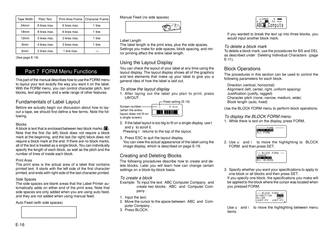 Casio KL-8100 manual Part 7 Form Menu Functions, Fundamentals of Label Layout, Using the Layout Display, Block Operations 