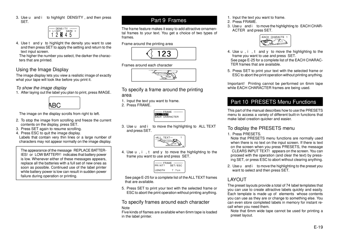 Casio KL-8100 manual Part 9 Frames, Part 10 Presets Menu Functions 