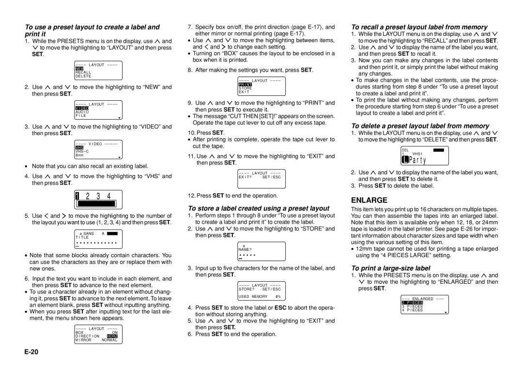 Casio KL-8100 manual To use a preset layout to create a label and print it, To store a label created using a preset layout 