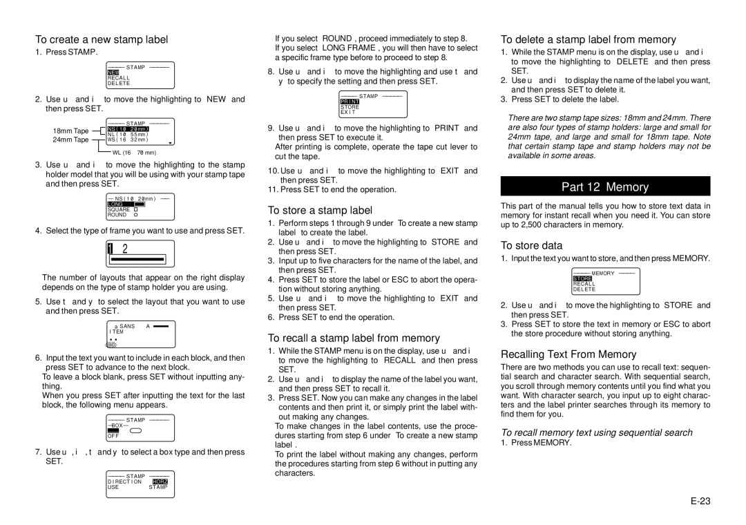 Casio KL-8100 manual Part 12 Memory 