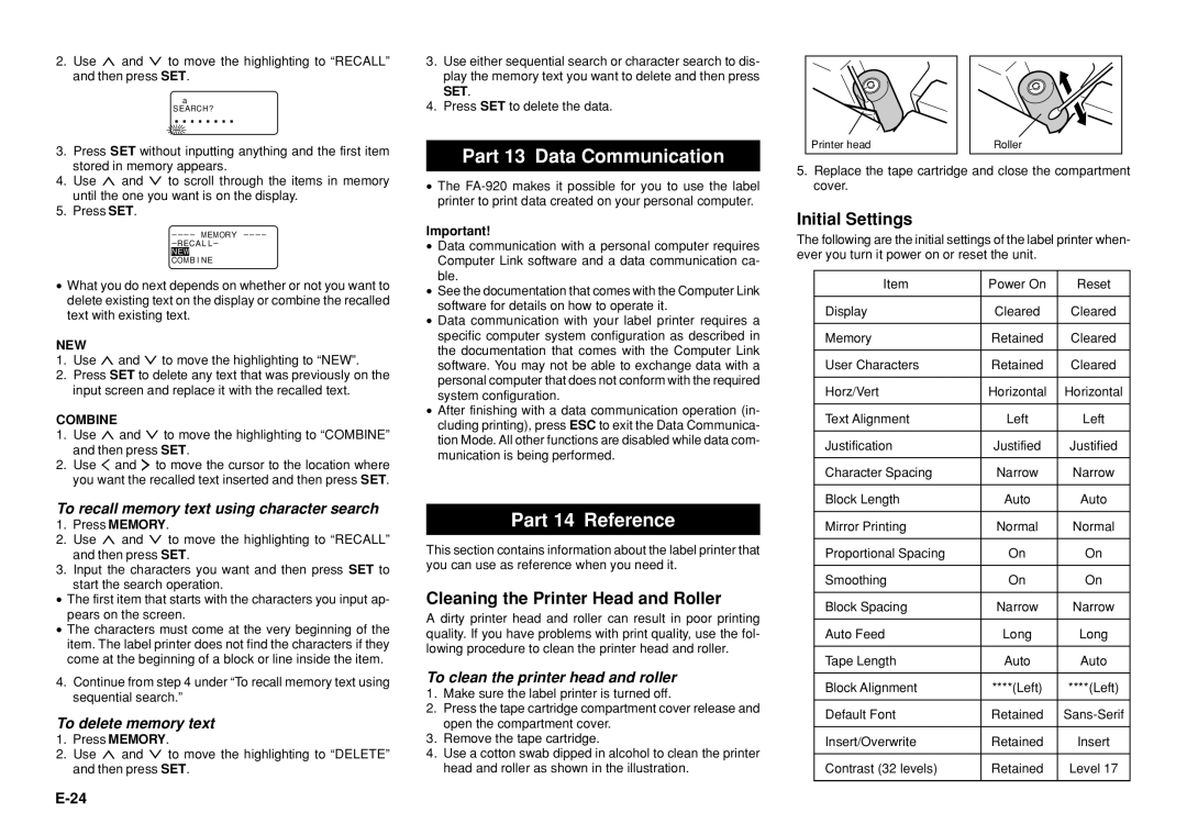 Casio KL-8100 manual Part 13 Data Communication, Part 14 Reference, Cleaning the Printer Head and Roller, Initial Settings 