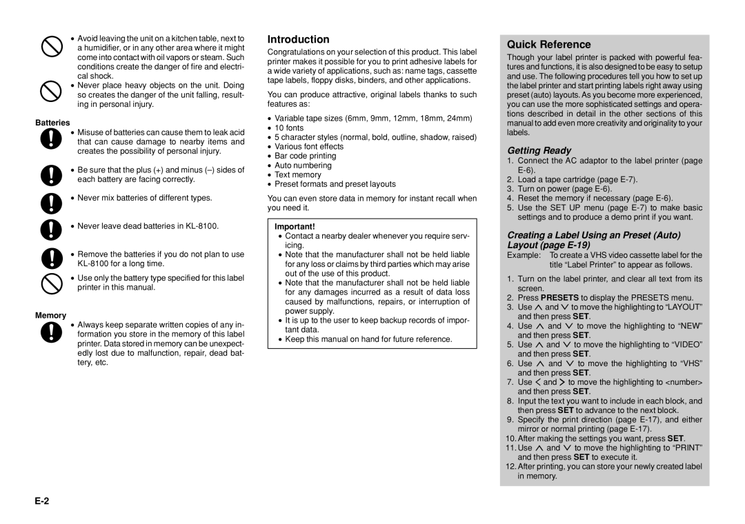 Casio KL-8100 Introduction, Quick Reference, Getting Ready, Creating a Label Using an Preset Auto Layout page E-19, Memory 