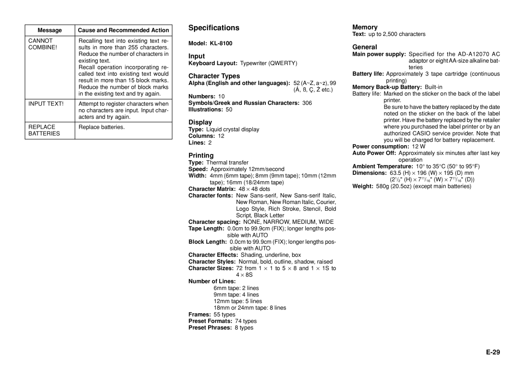 Casio KL-8100 manual Specifications 