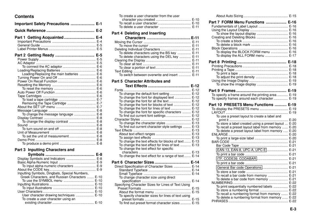 Casio KL-8100 manual Contents 