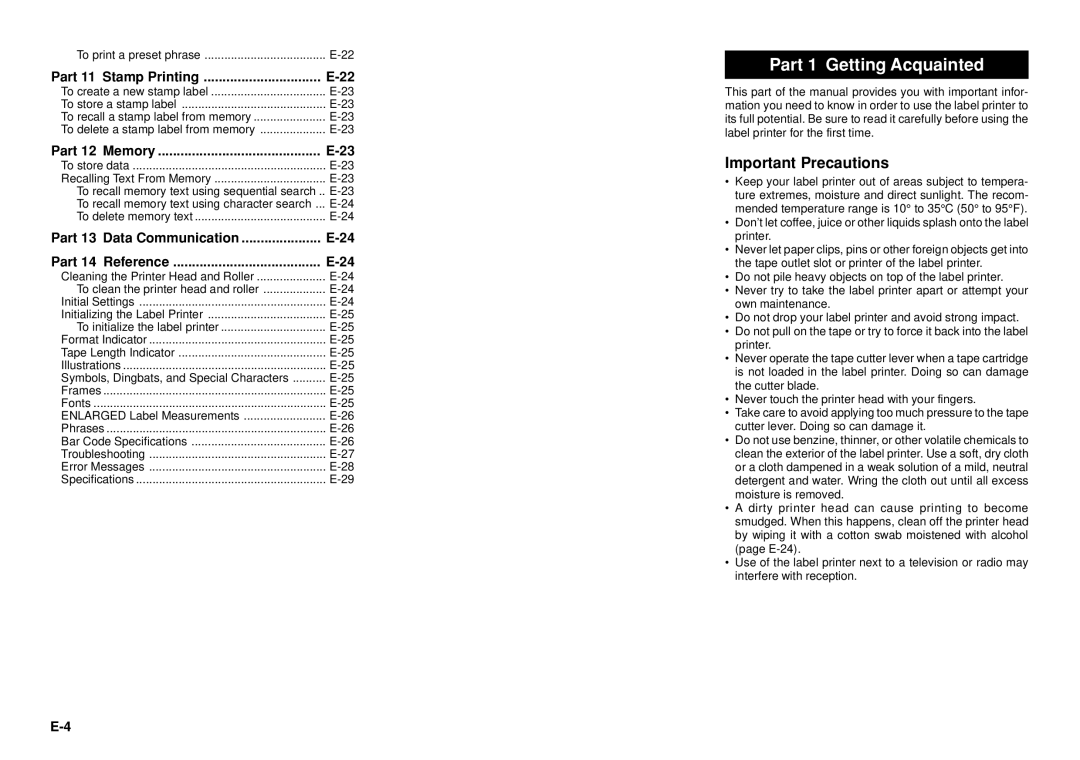 Casio KL-8100 manual Part 1 Getting Acquainted, Important Precautions, Part 11 Stamp Printing, Part 13 Data Communication 