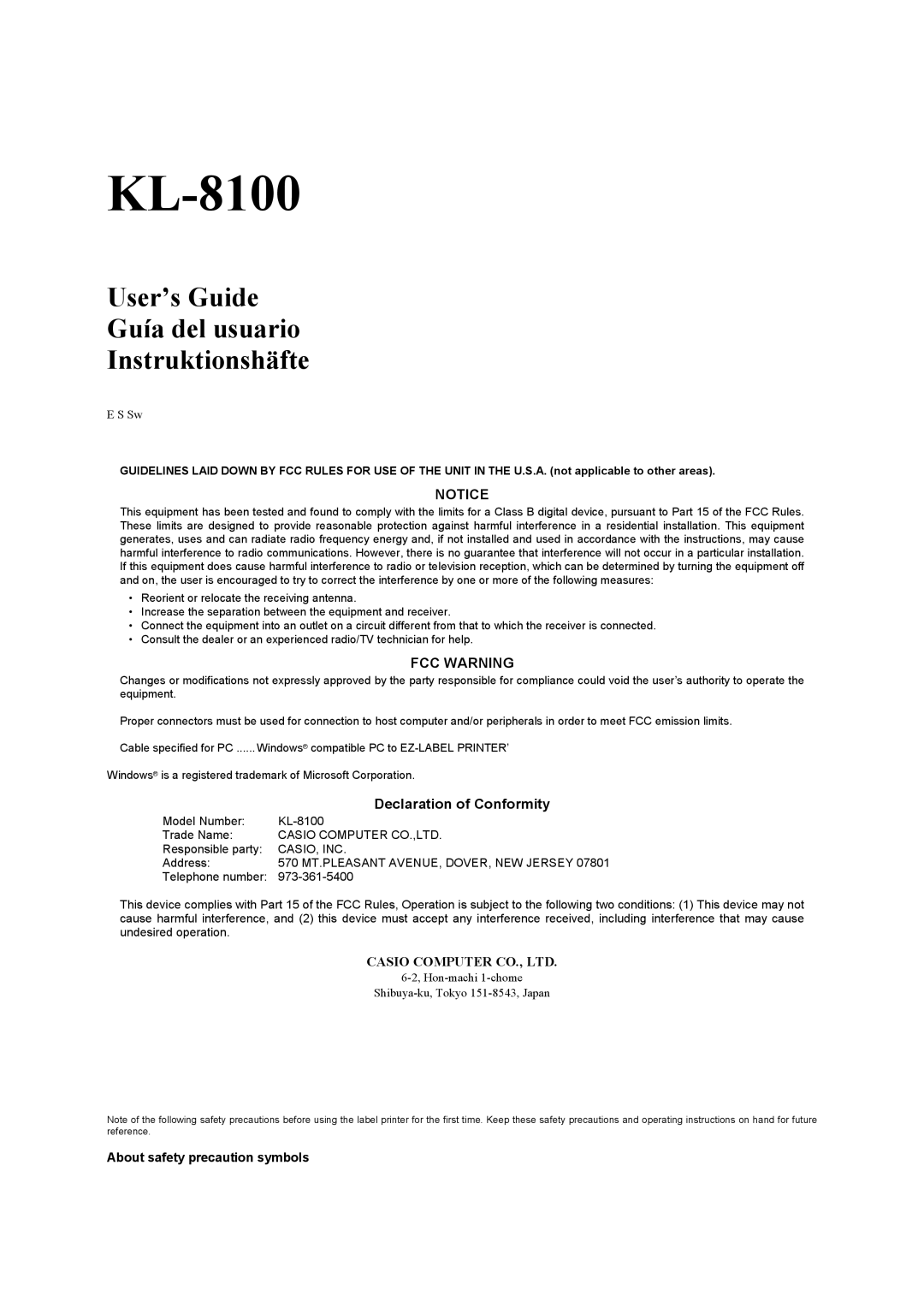 Casio KL-8100 manual About safety precaution symbols 