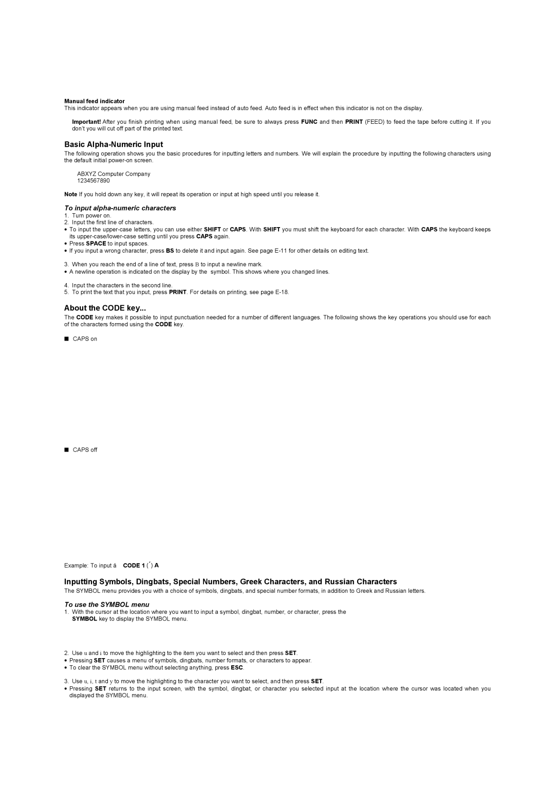 Casio KL-8100 Basic Alpha-Numeric Input, About the Code key, To input alpha-numeric characters, To use the Symbol menu 