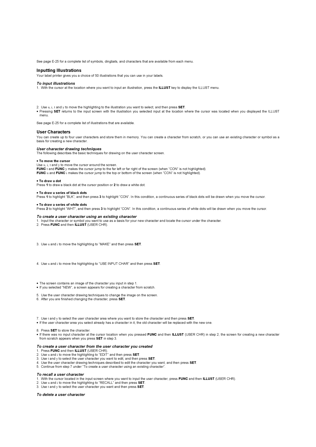 Casio KL-8100 manual Inputting Illustrations, User Characters 