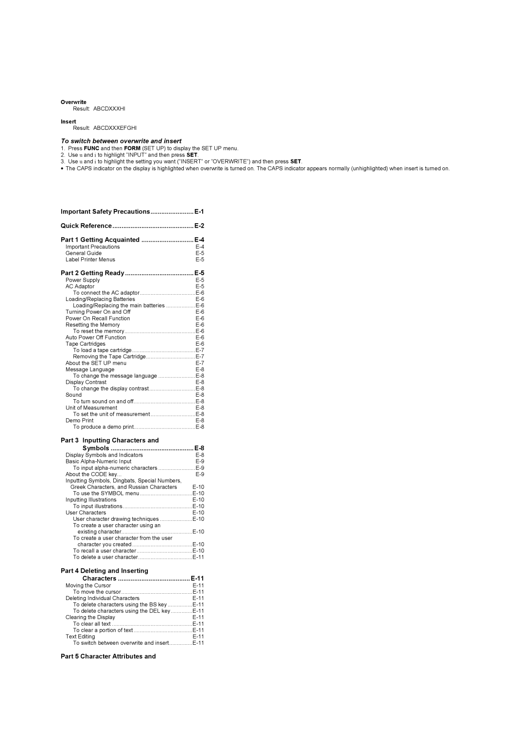 Casio KL-8100 manual To switch between overwrite and insert 