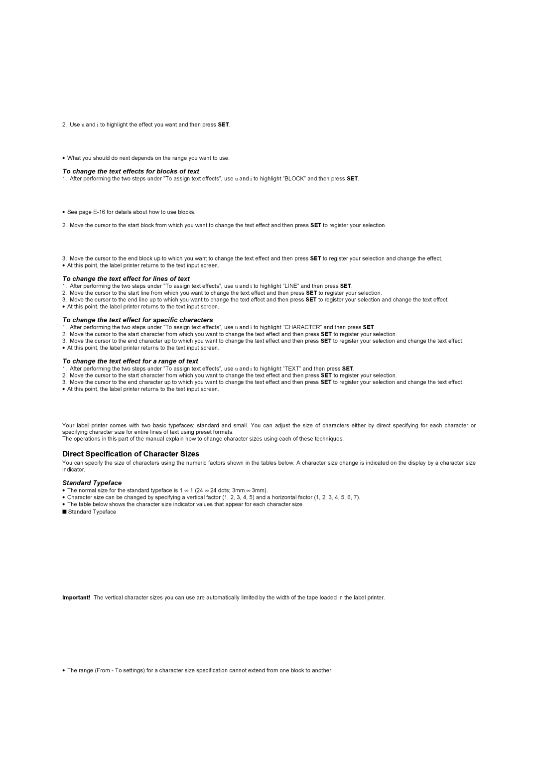 Casio KL-8100 manual Direct Specification of Character Sizes 