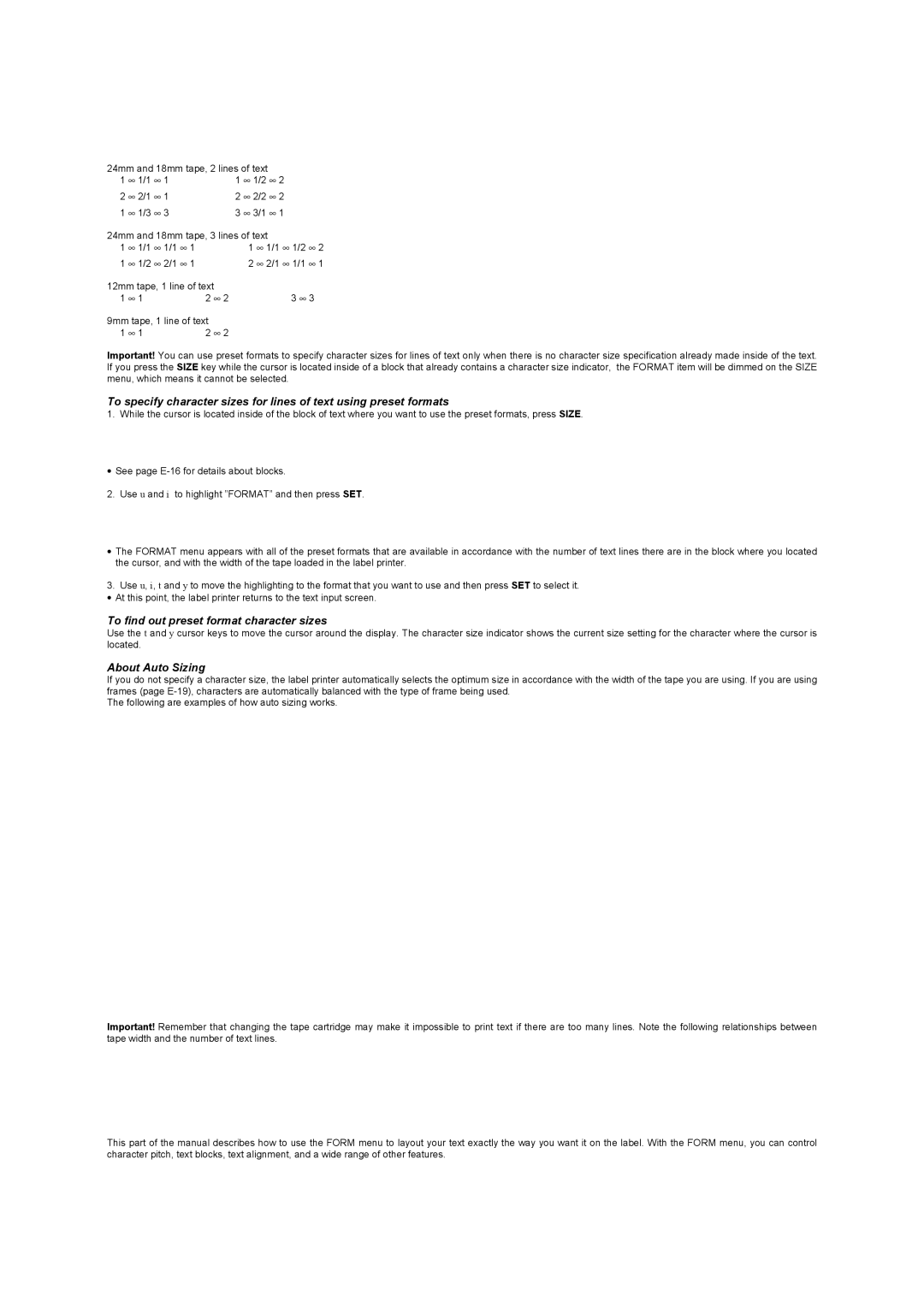 Casio KL-8100 manual To find out preset format character sizes, About Auto Sizing 