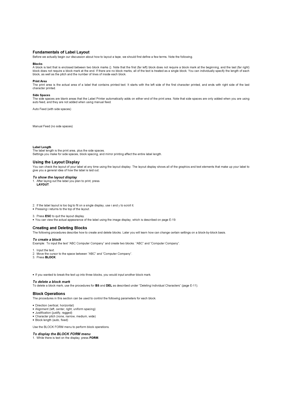 Casio KL-8100 manual Fundamentals of Label Layout, Using the Layout Display, Creating and Deleting Blocks, Block Operations 