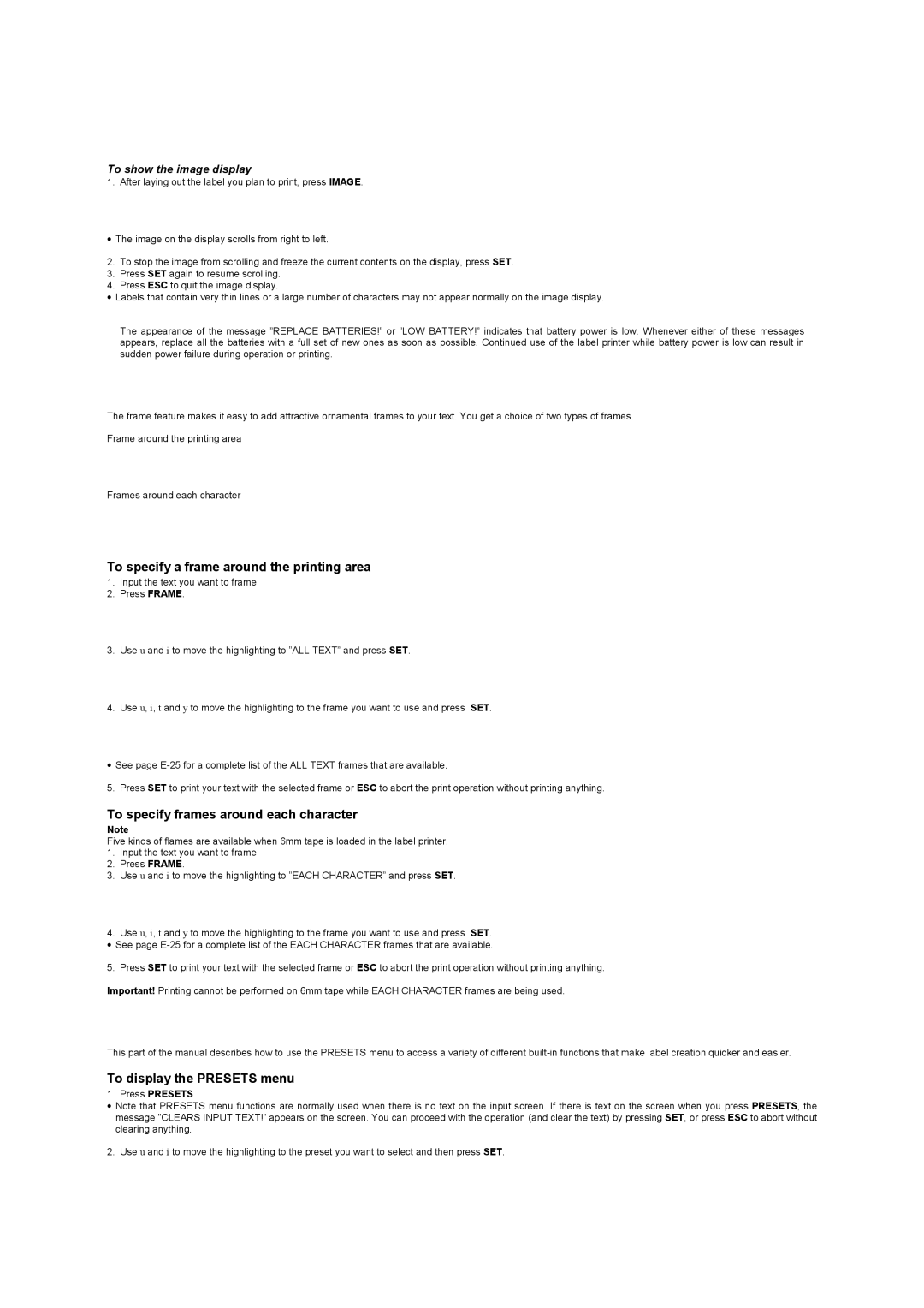 Casio KL-8100 manual To specify a frame around the printing area, To specify frames around each character 